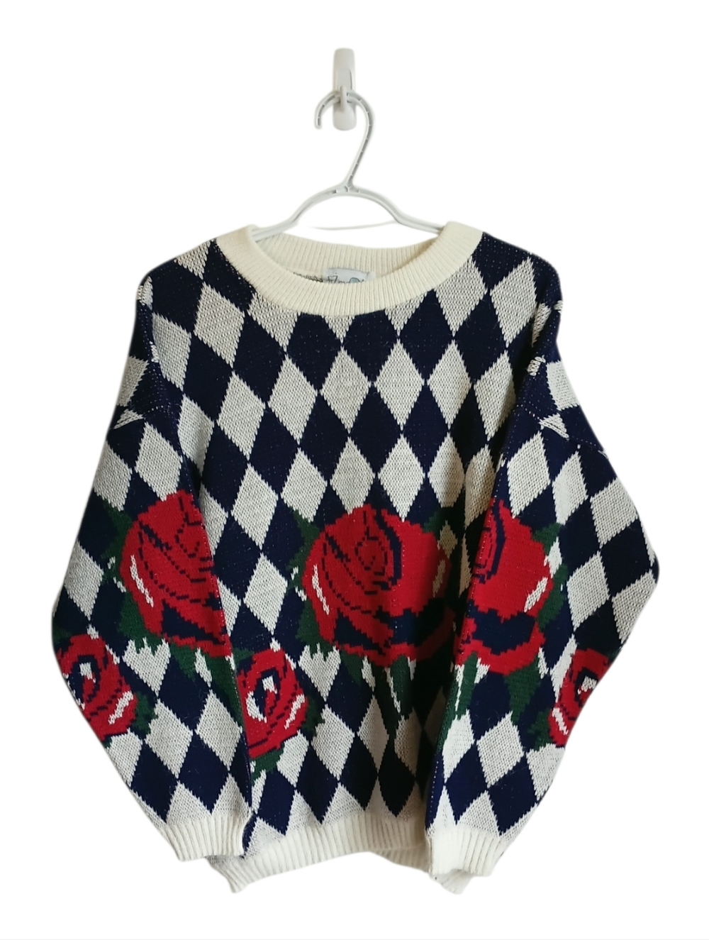 Vintage 80s Liz Moody Cream& Navy Diamond Rose Knit Sweater Grandmacore Casual